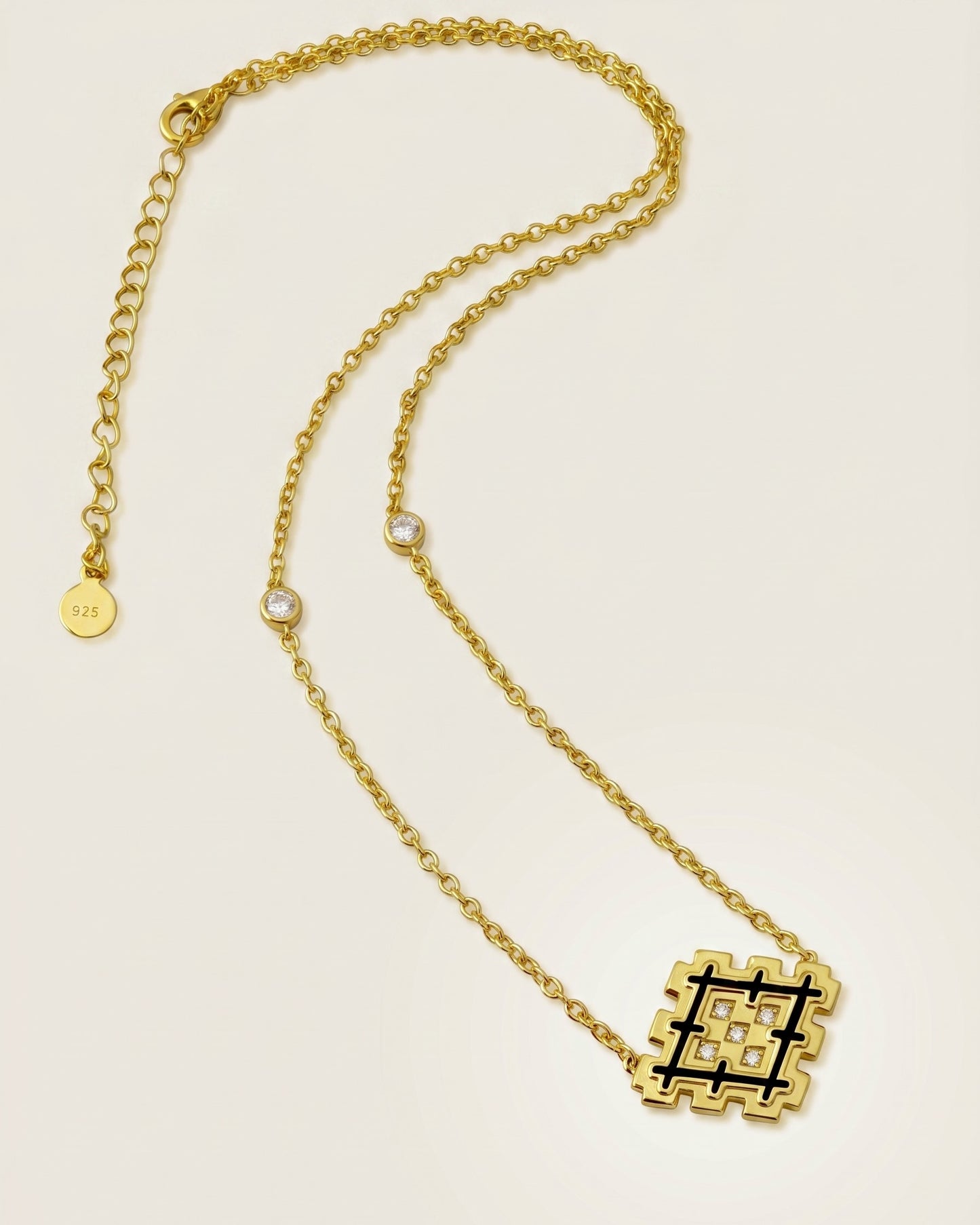 Gold vermeil Lion’s Paw necklace with black enamel and cubic zirconia details, displayed on a clean neutral background with full chain view.