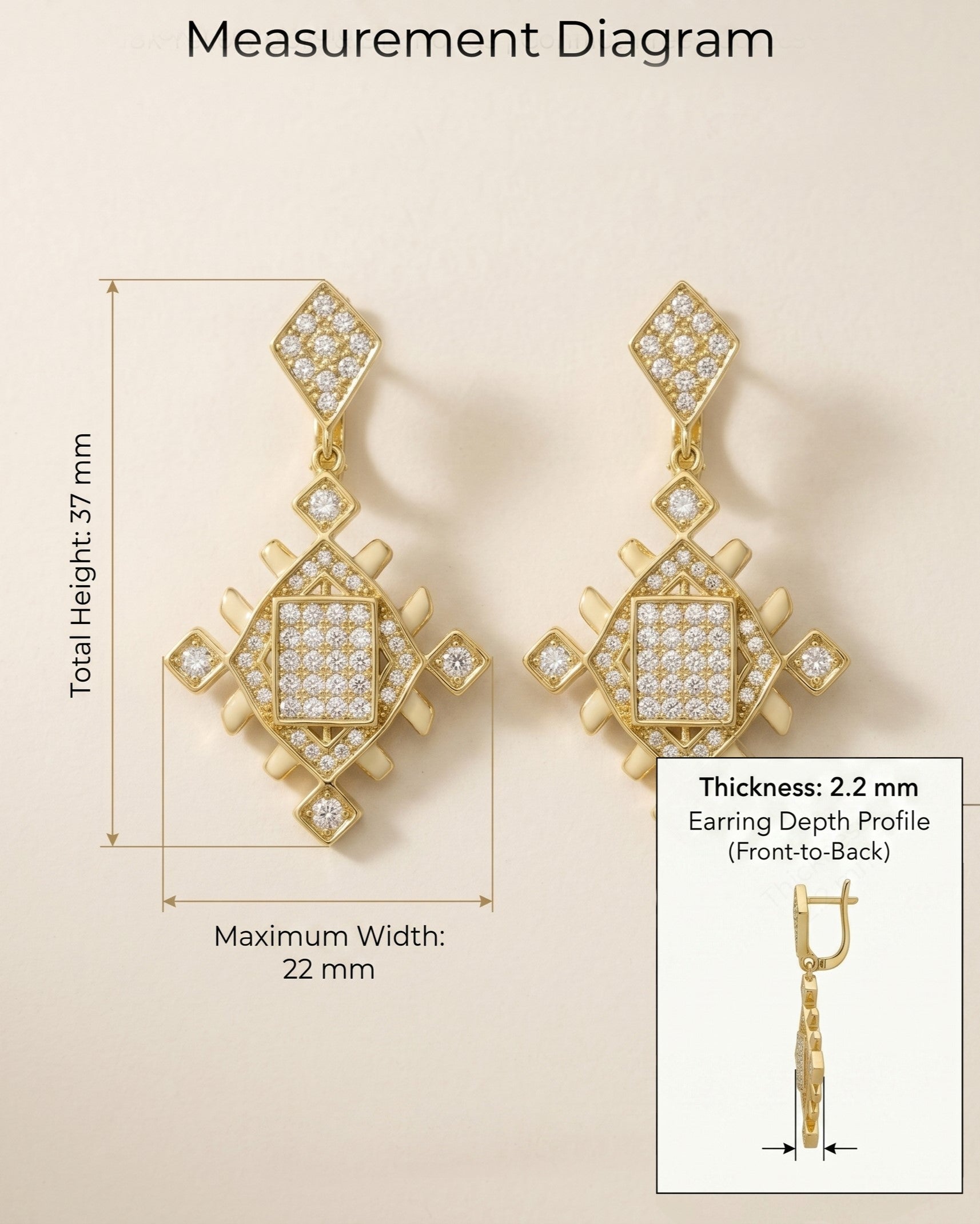 Technical diagram showing the dimensions of the Gold plated Lion's Paw earrings: 37mm total height and 22mm maximum width