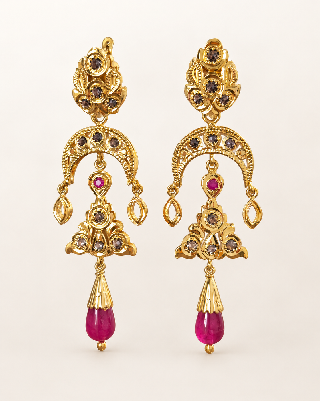 Pair of handcrafted Moroccan gold-plated sterling silver earrings with rosettes and red cabochons