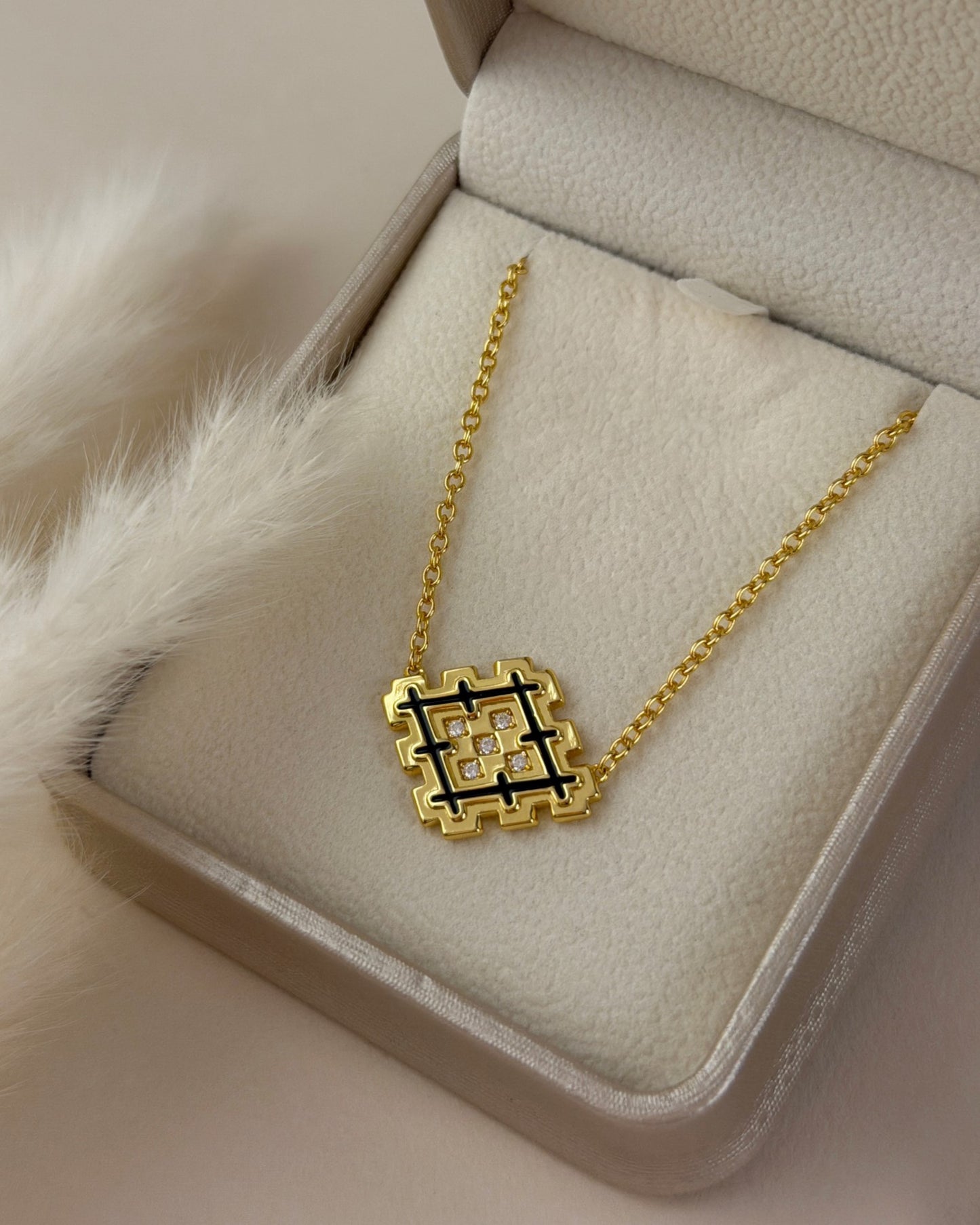 Black enamel Lion’s Paw necklace in gold vermeil presented in a premium jewelry box, ready for gifting.