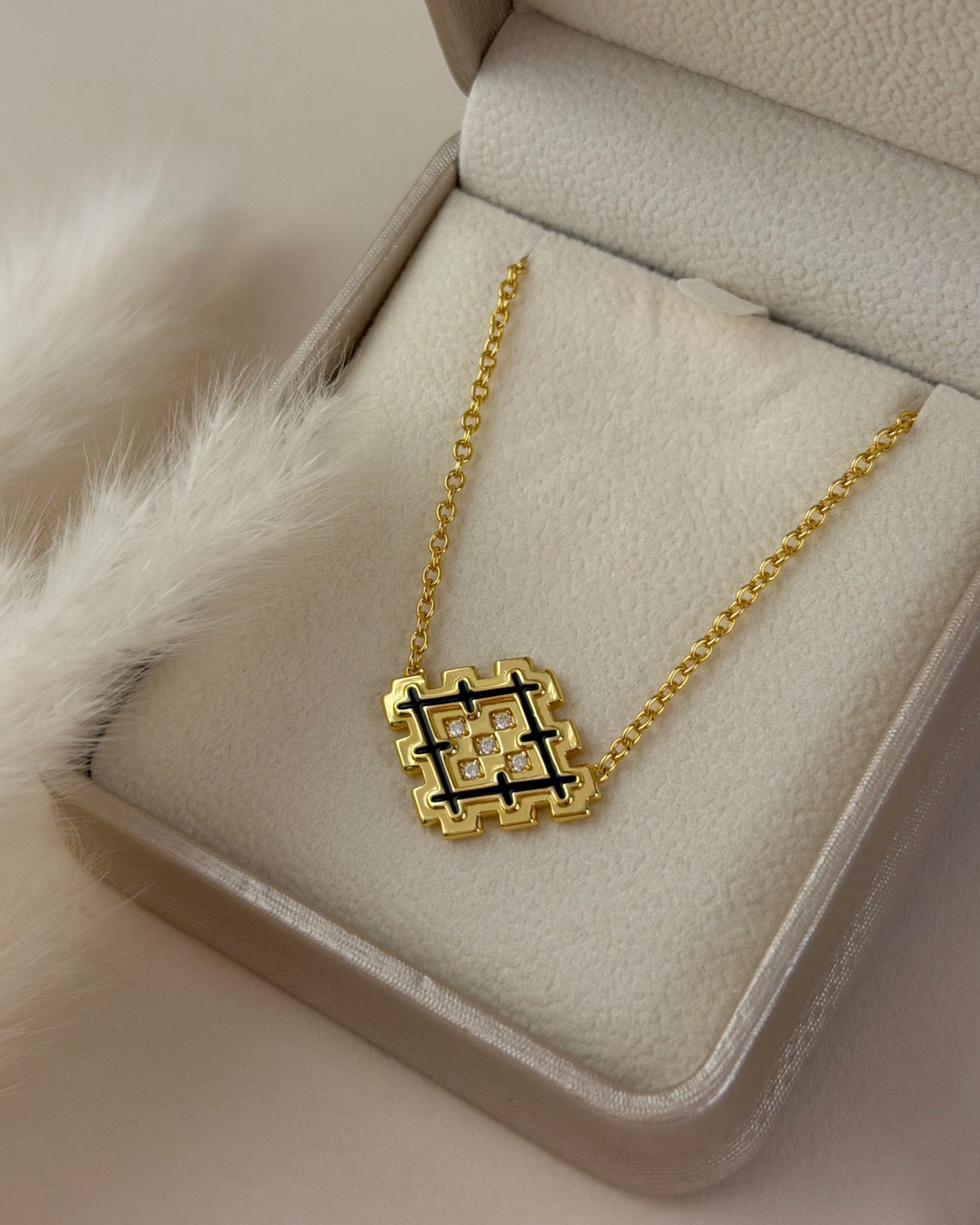 Black enamel Lion’s Paw necklace in gold vermeil presented in a premium jewelry box, ready for gifting.