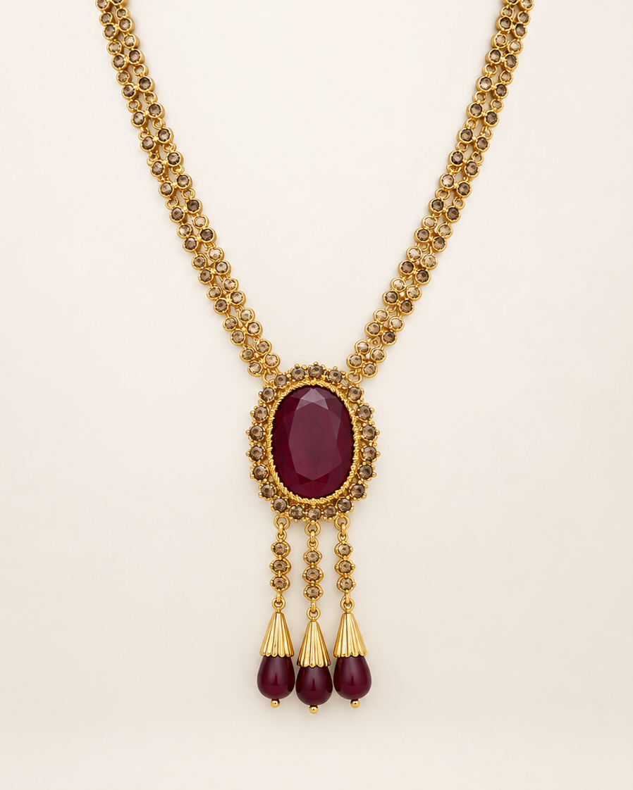 Handcrafted Moroccan gold-plated sterling silver sautoir necklace with deep red cabochon